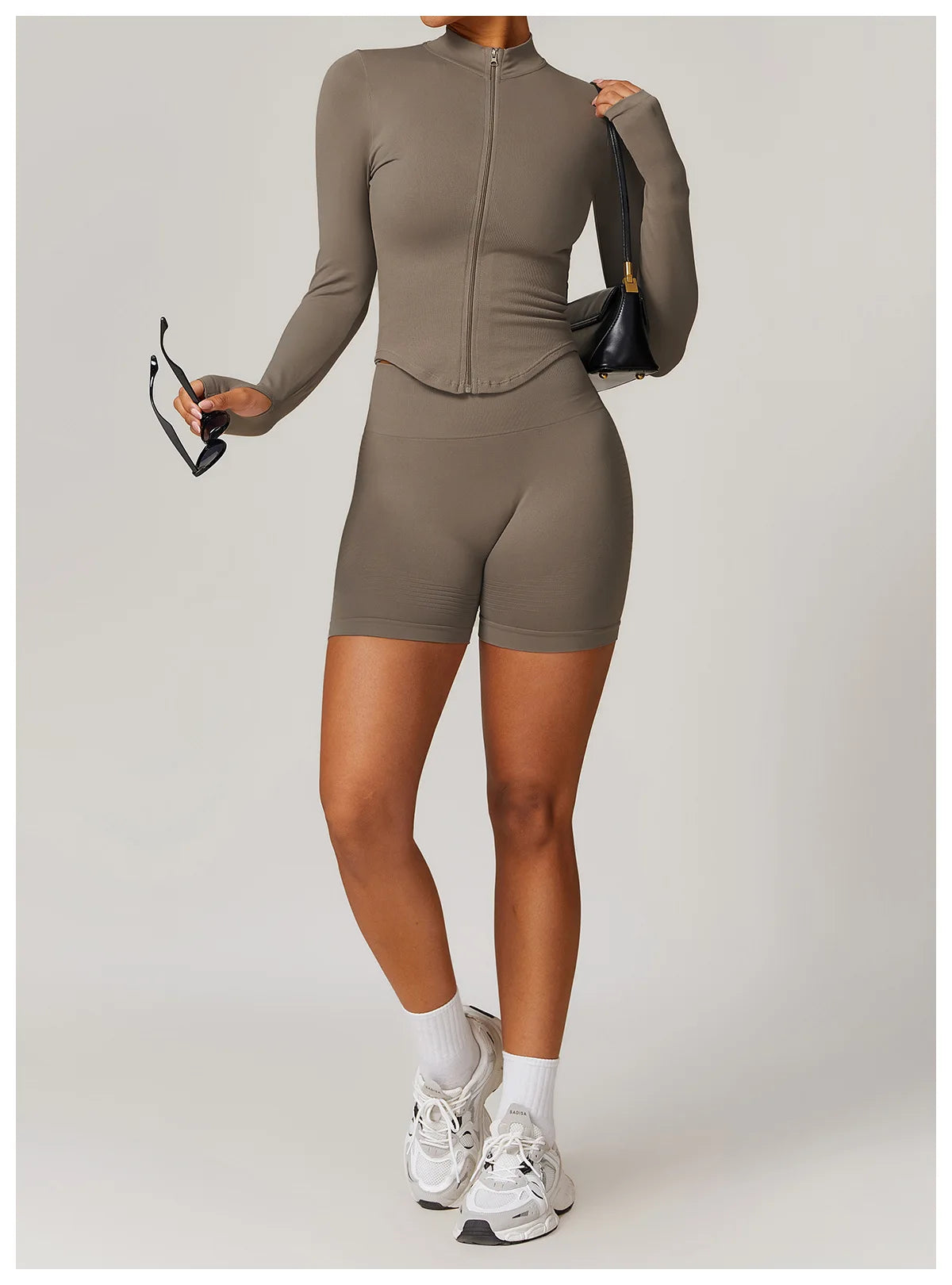 Veste Sport Femme Zippée Crop Top Manches Longues - T-shirt Yoga Running Fitness Séchage Rapide