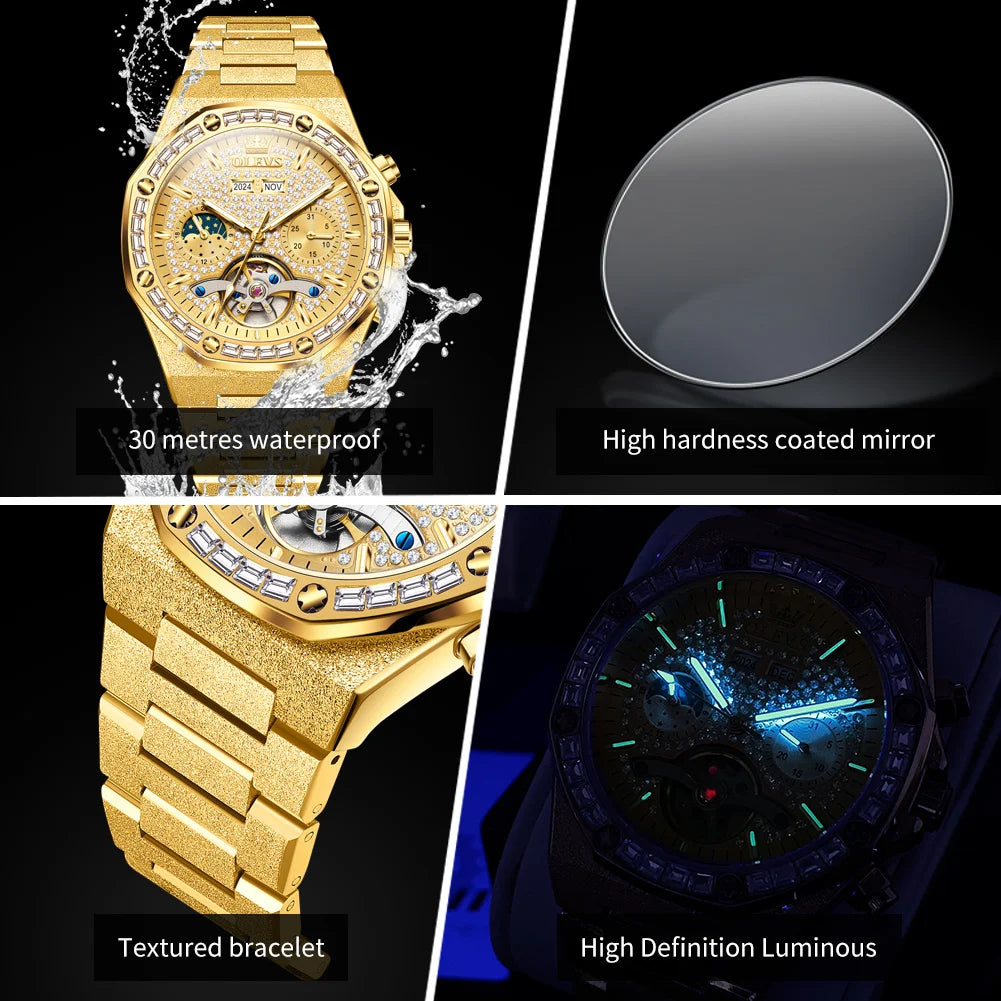 Montre Mécanique Homme OLEVS 9805 - Phase de Lune Diamant Squelette Étanche Luxe