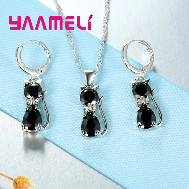 Set Bijoux Argent 925 Chat - Collier Boucles Cristaux Autrichiens Femme