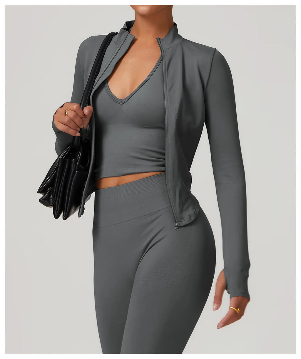 Veste Sport Femme Zippée Crop Top Manches Longues - T-shirt Yoga Running Fitness Séchage Rapide