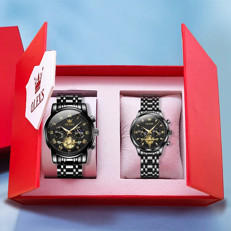 Coffret Montres Couple OLEVS Phase de Lune - Set Duo Luxe Étanche Lumineux Acier Inoxydable