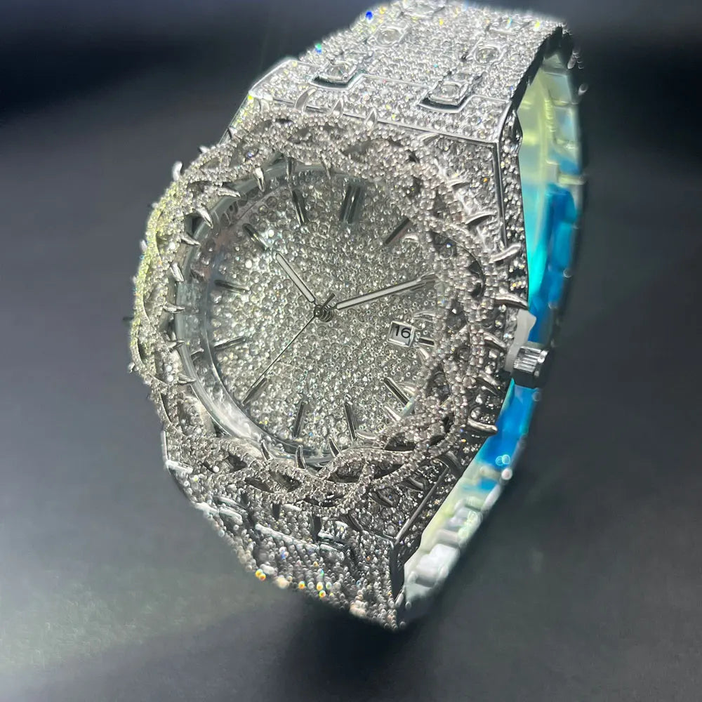 Montre Homme Luxe MISSFOX Diamants - Hip Hop Quartz Creuse Or Argent