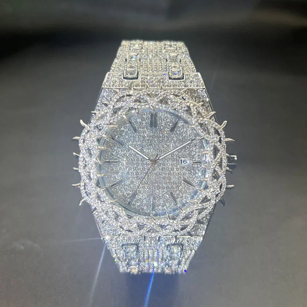Montre Homme Luxe MISSFOX Diamants - Hip Hop Quartz Creuse Or Argent