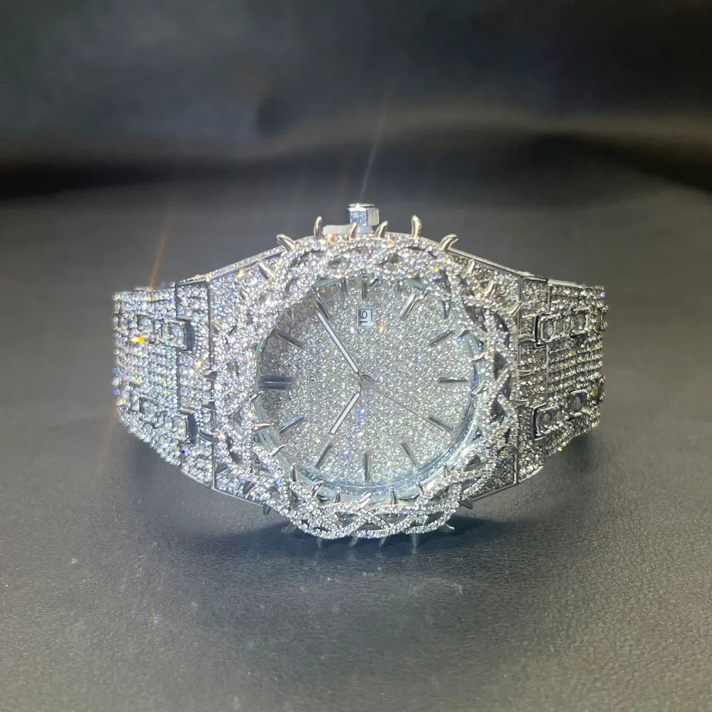 Montre Homme Luxe MISSFOX Diamants - Hip Hop Quartz Creuse Or Argent