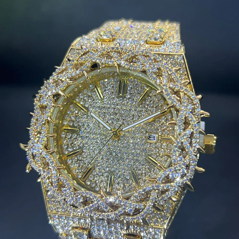 Montre Homme Luxe MISSFOX Diamants - Hip Hop Quartz Creuse Or Argent
