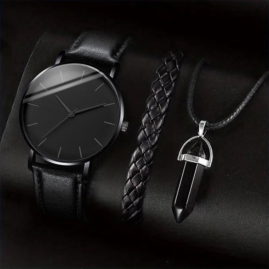 Coffret Cadeau Homme 3 Pièces - Montre Cuir + Collier + Bracelet