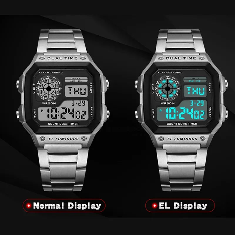 Montre Homme Digitale Militaire Luxe - Acier Inoxydable LED Sport Classique